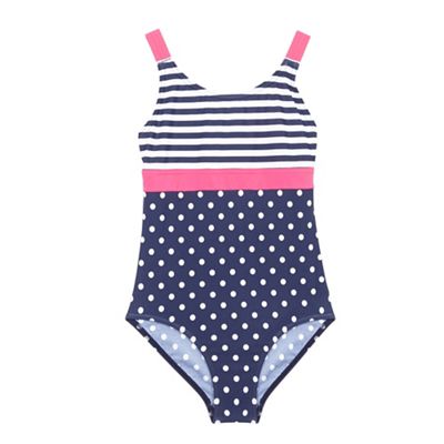 bluezoo Girls' navy striped and polka dot print swimsuit